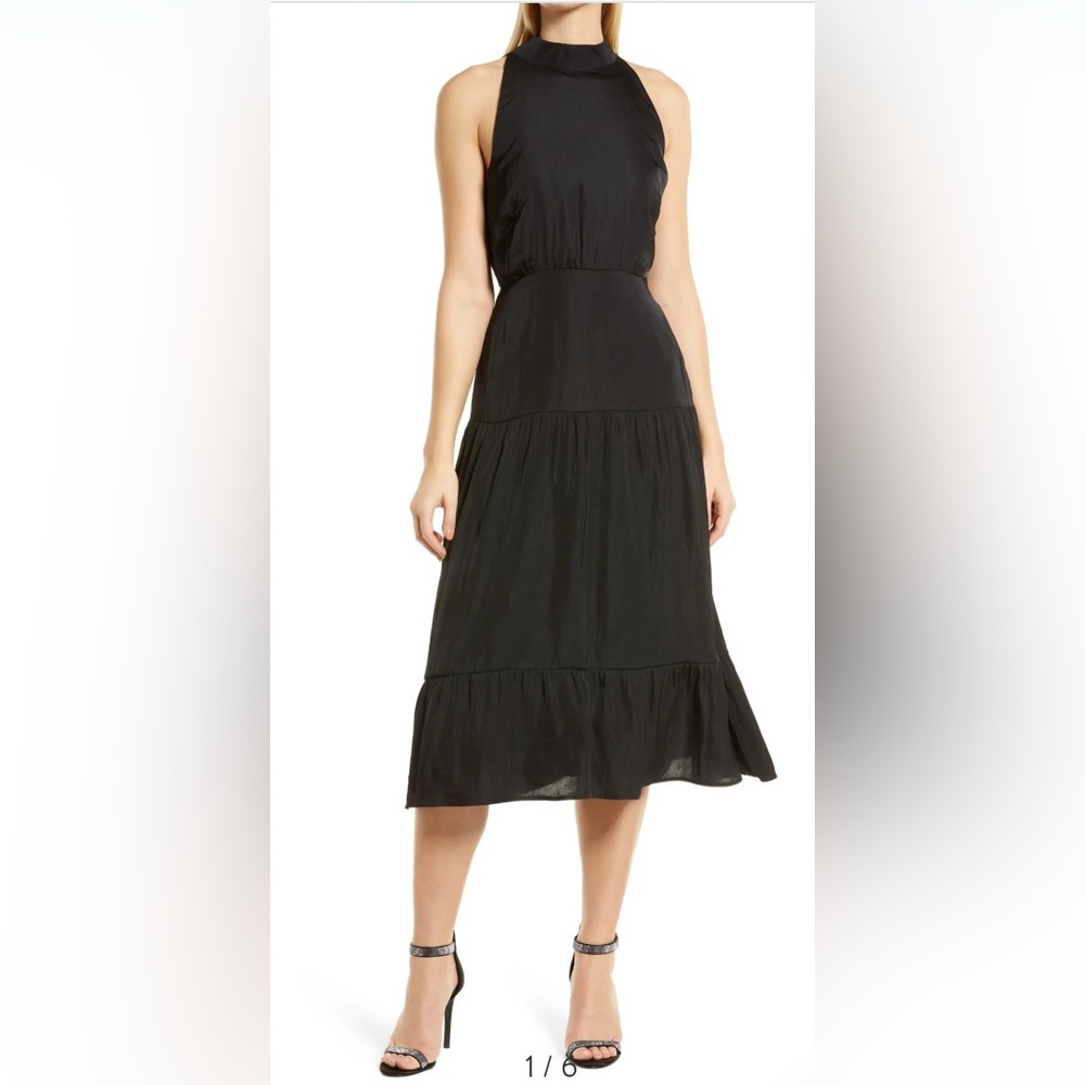 Sam Edelman Women’s High Neck Tiered Hem Sleeveless Midi Satin Dress Black